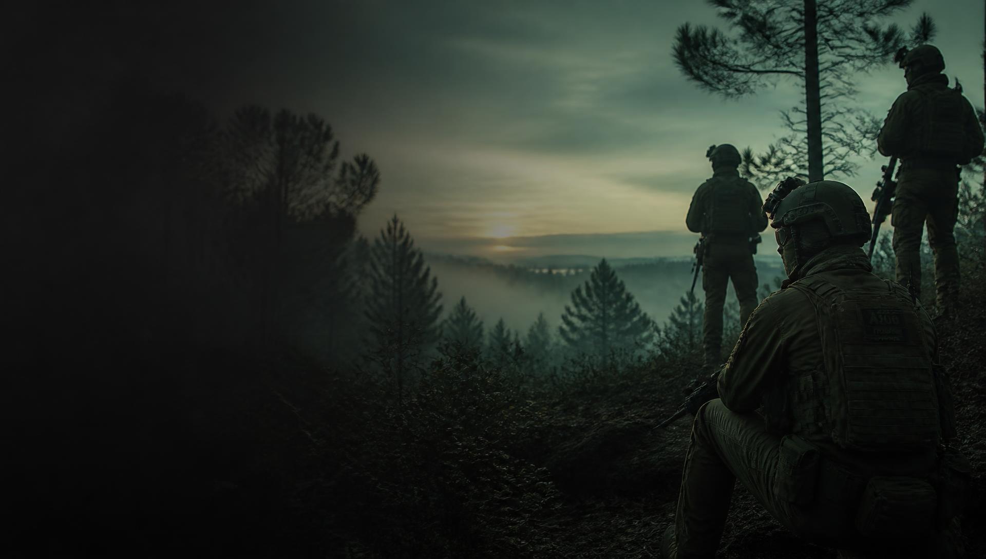 Operacionais de Airsoft em posição na linha florestal ao amanhecer